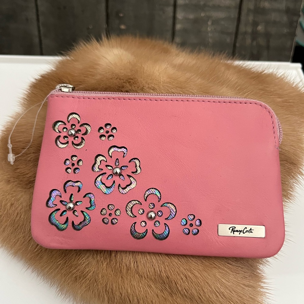 RENZO COSTA Pink Leather Floral Detail Zip Accessory or Coin Purse New